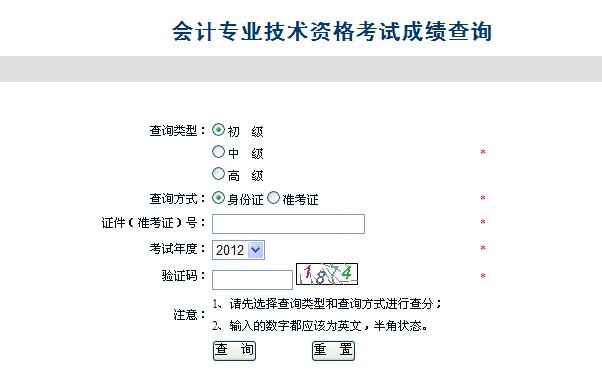 安徽2012年度会计专业技术资格考试成绩查询窗口